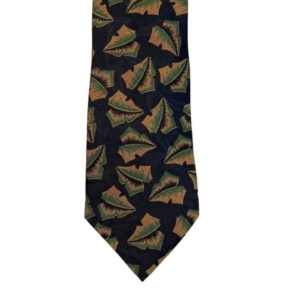 BARNEY’S New York vintage navy blue green & gold leaf print tie, 3.75”
